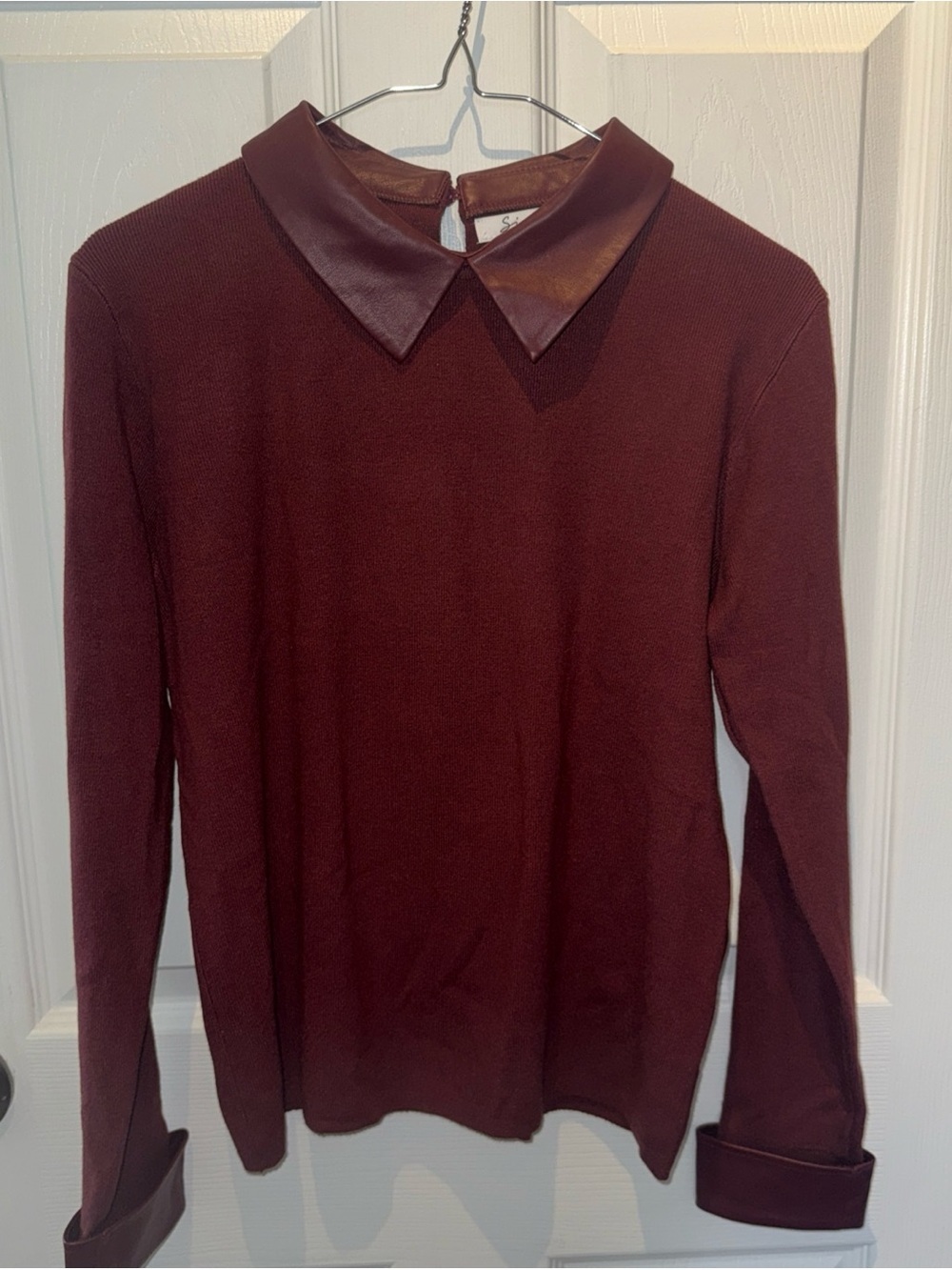 Sioni Milano Burgundy Rib Knit Top Faux Leather Collar Cuffs Long Sleeve S